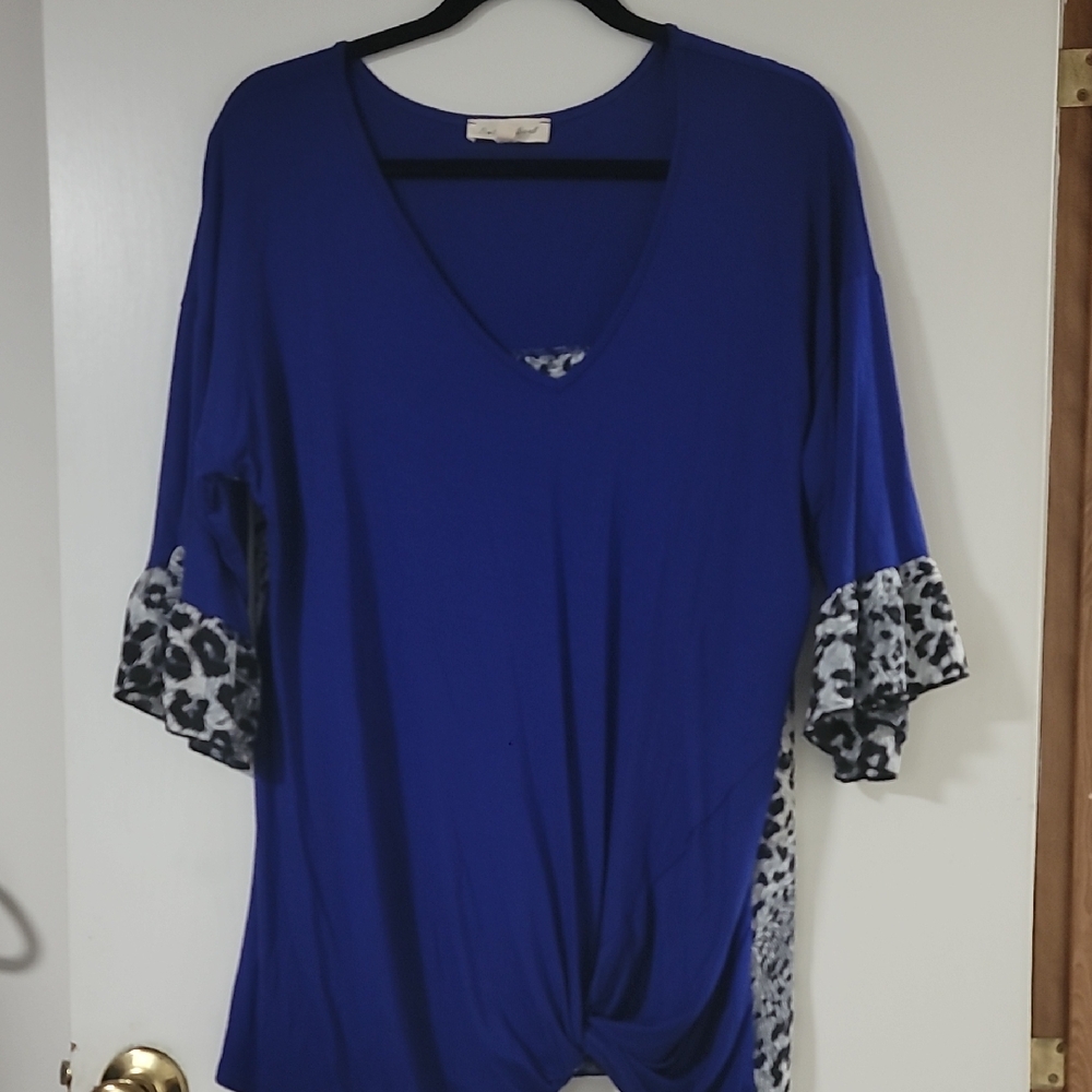 V-Neck Royal Blue Tunic with Leopard-Trim Sleeves